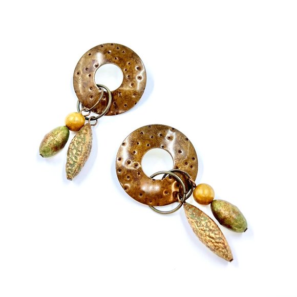 Jewelry - NWOT - Artisan BOHO Brass Tone Textured Metal Dangle Post Earrings